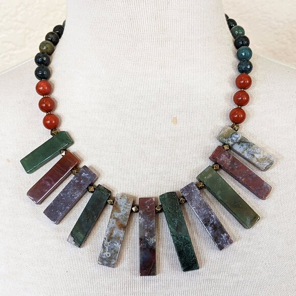 Southwestern Forest Green & Red Jasper Rustic Bib Statement Necklace